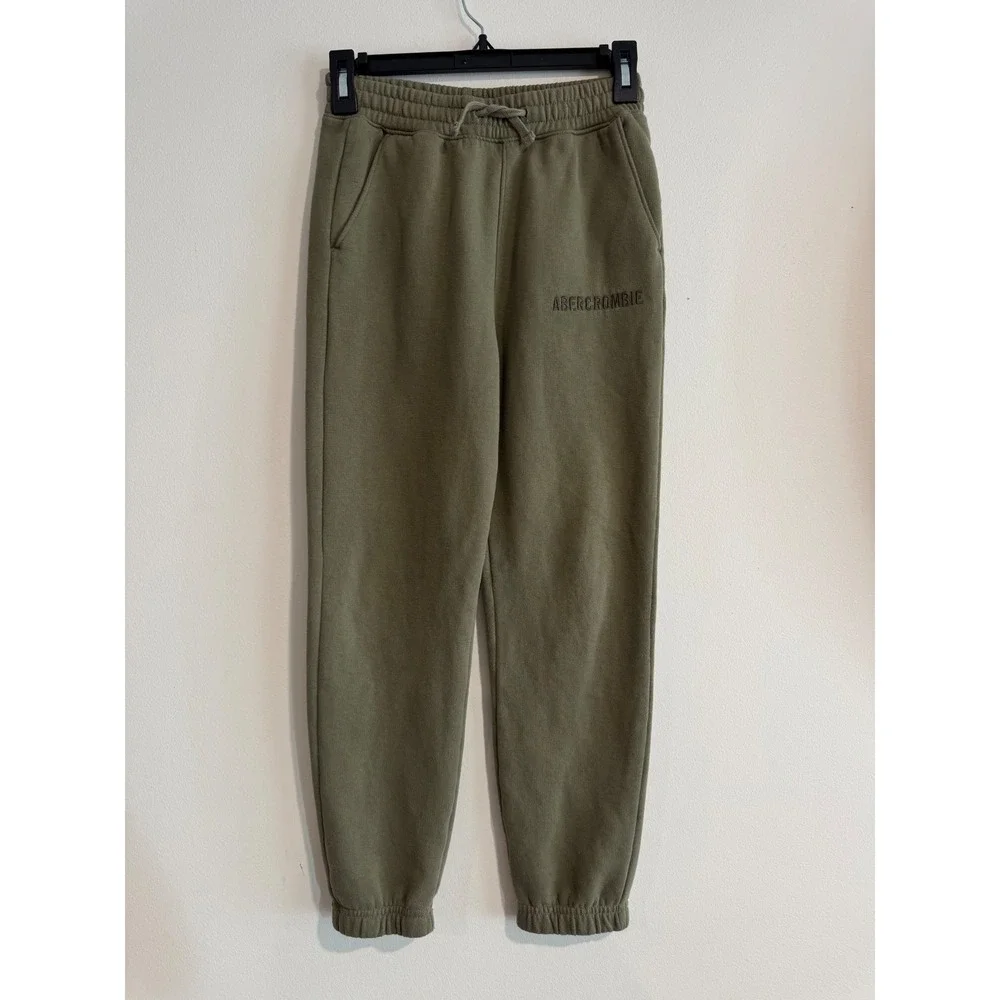 Abercrombie Kids Logo Jogger Sweatpants Boys 9/10 Olive Green Fleece Lined